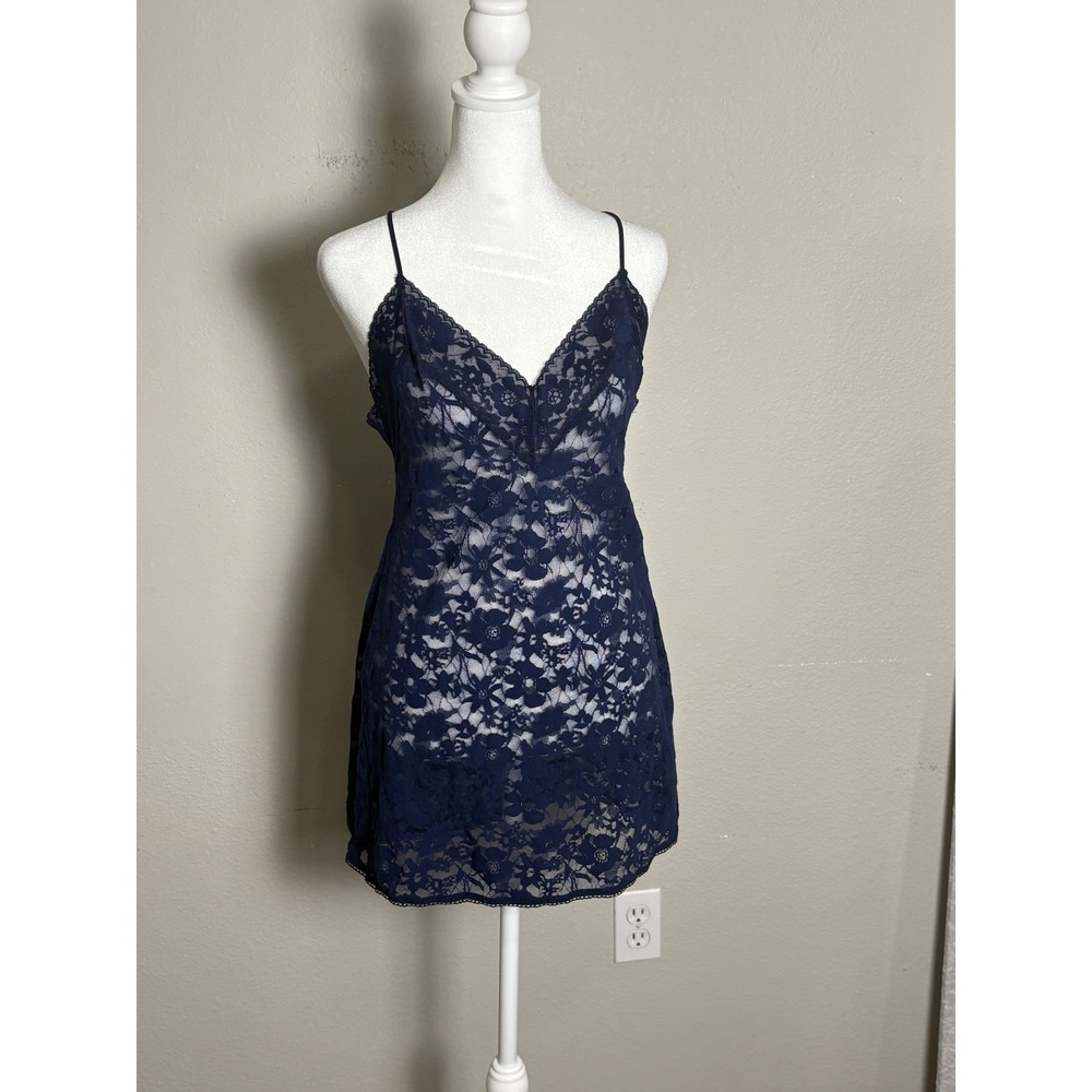 Victoria's Secret Navy Blue Floral Lace Cross Back Slip Dress Chemise Nightgown - Picture 2 of 5
